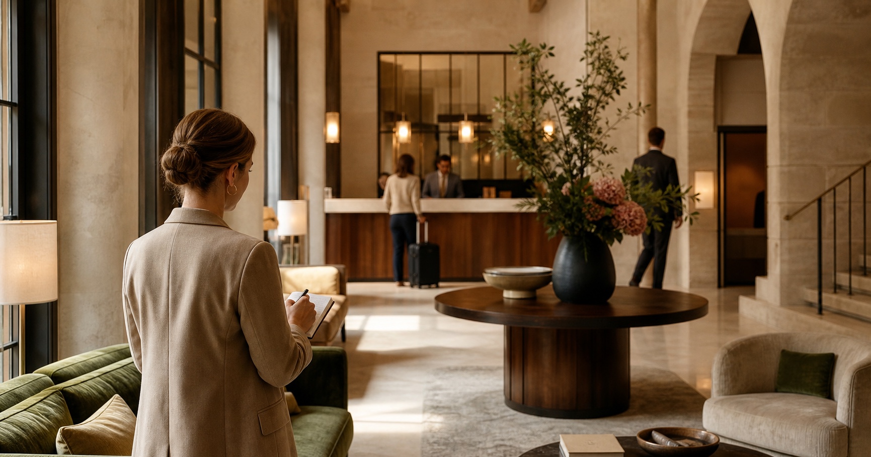 Consultante observant le parcours client dans le lobby d’un hôtel