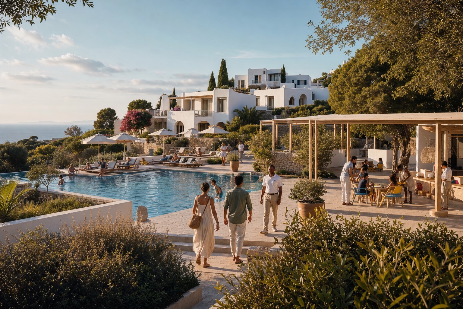 Club de vacances méditerranéen avec piscine, familles et équipe d’accueil