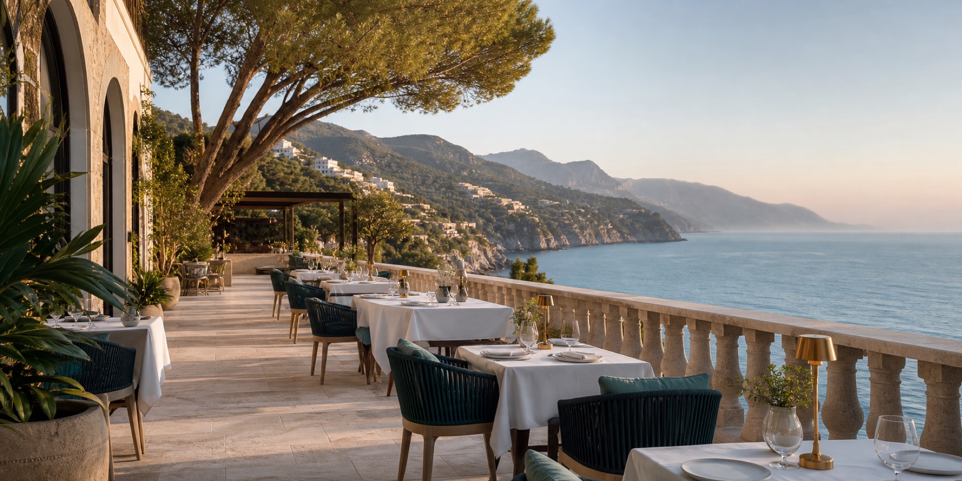 Terrasse d’un resort méditerranéen face à la mer