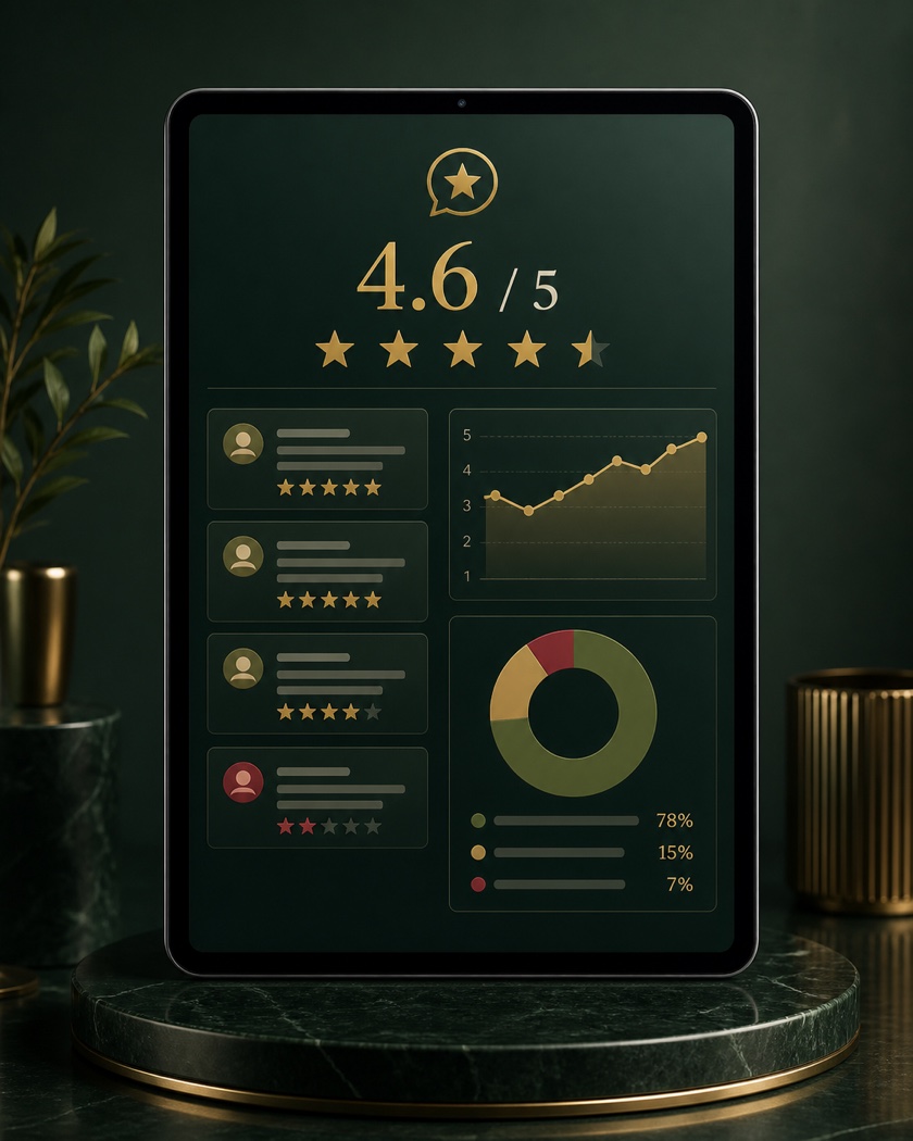 Analyse de réputation en ligne Hospiris avec avis étoilés, note globale et graphiques de tendance